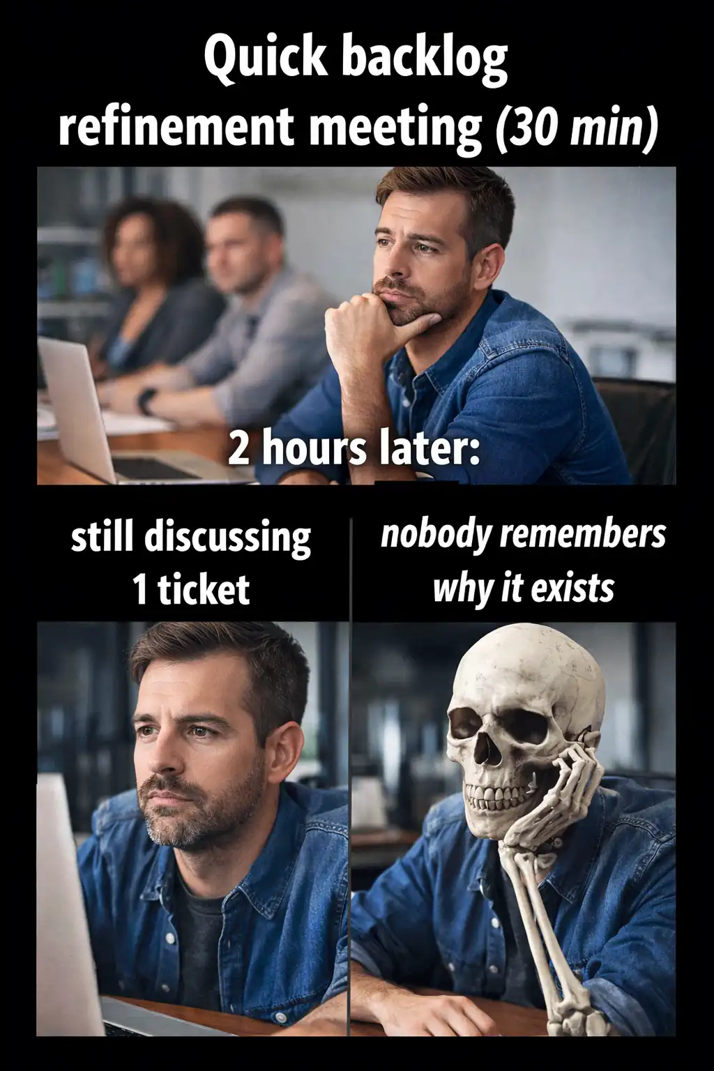 Quick backlog refinement meeting scheduled for 30 minutes — 2 hours later: still discussing the first ticket and nobody remembers why it exists